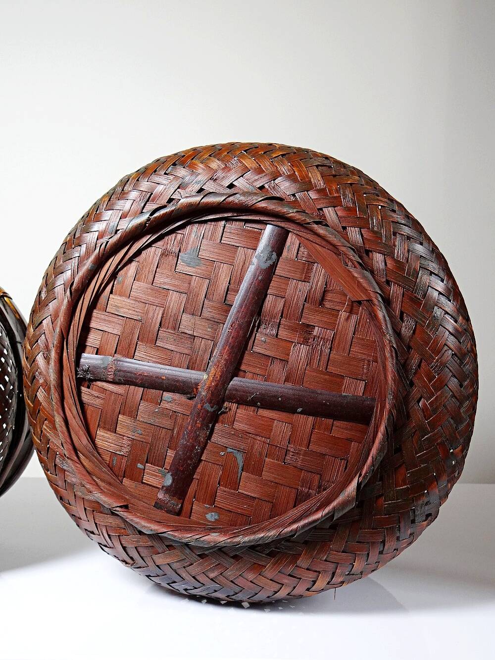 Pair of vintage nesting handmade Japanese woven bamboo baskets