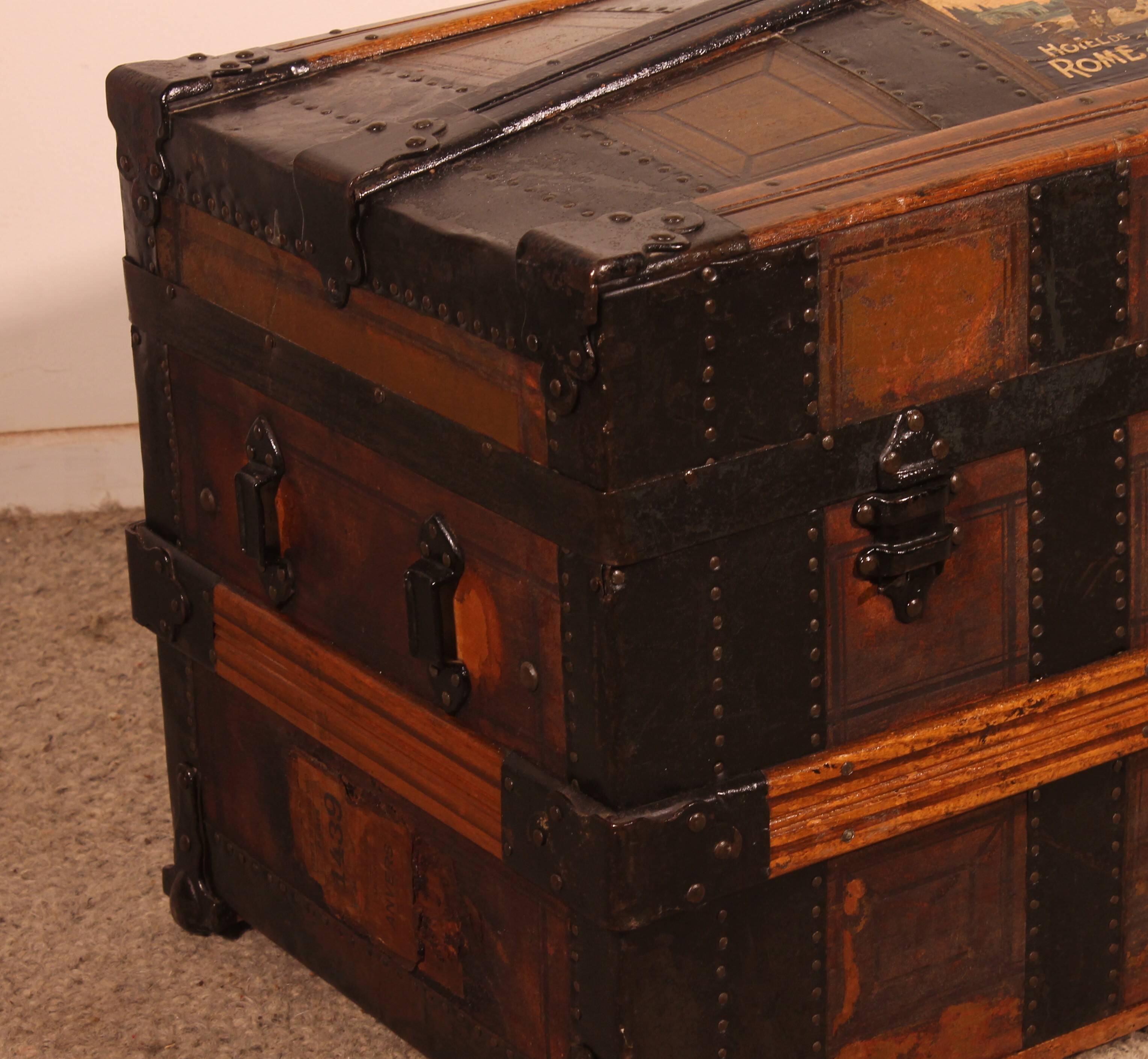 travel trunk from the early 20th century made of leather and wood