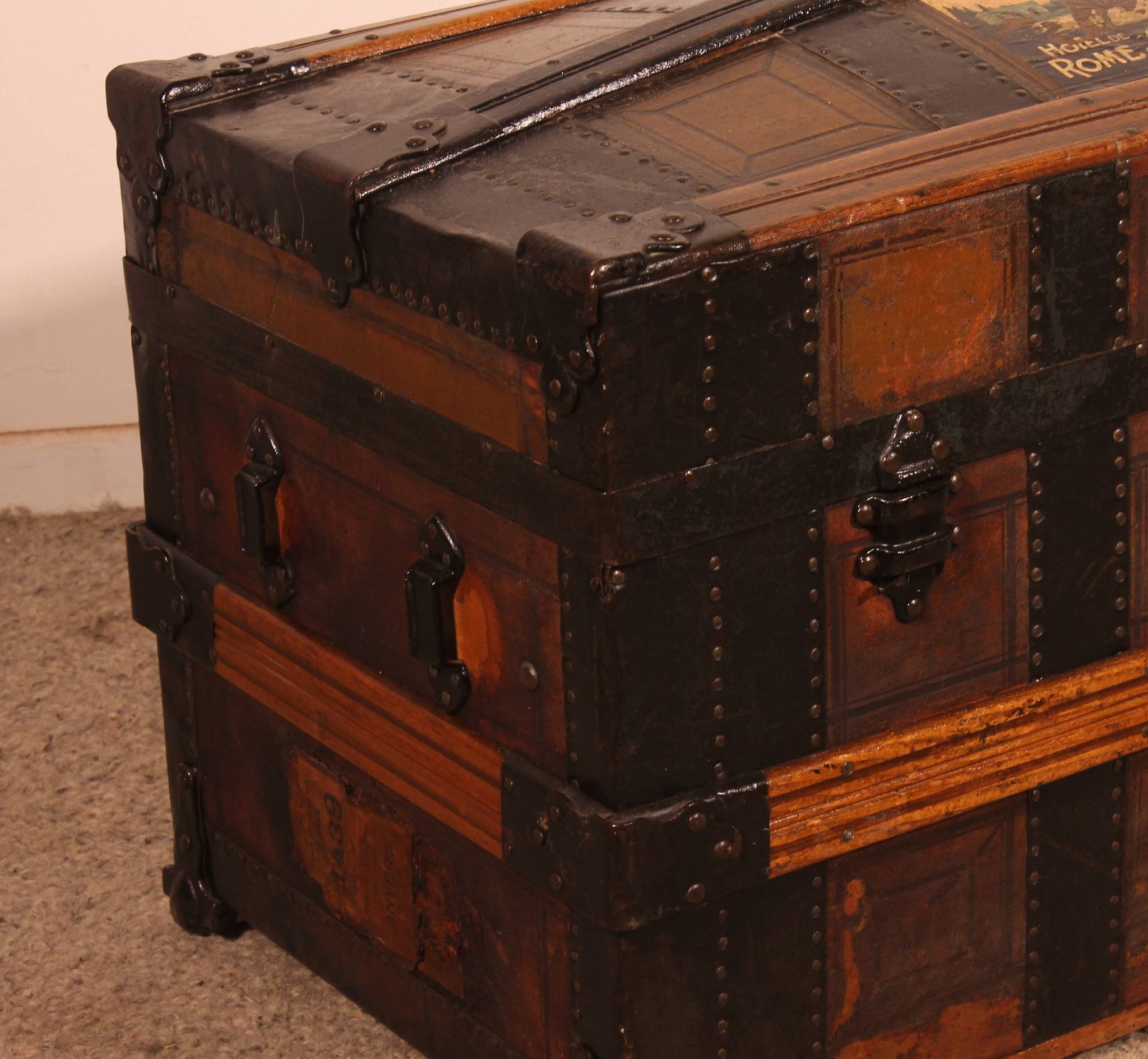 travel trunk from the early 20th century made of leather and wood