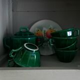 Iridescent green tea or coffee service in Lunéville K&G earthenware. 6 cups and an Art Deco sugar bowl