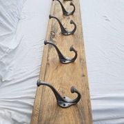 Teak coat rack with 8 double cast iron hooks