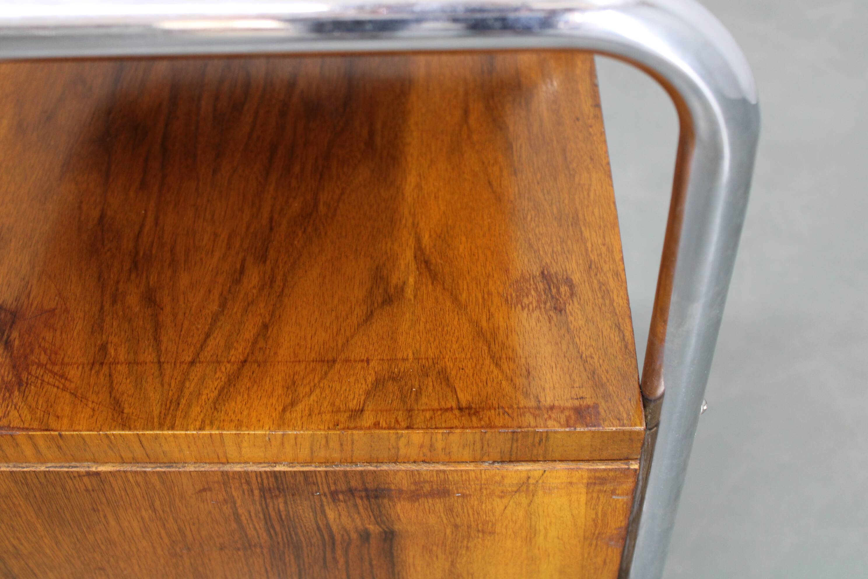 Restored Bauhaus chrome and walnut nightstand, Czechoslovakia 1940s
