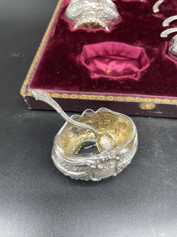 4 salerons, argent, Ravinet D'enfert, 4 pelles, intérieur verre blanc, écrin, intérieur pourpre, XIX