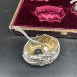 4 salerons, argent, Ravinet D'enfert, 4 pelles, intérieur verre blanc, écrin, intérieur pourpre, XIX