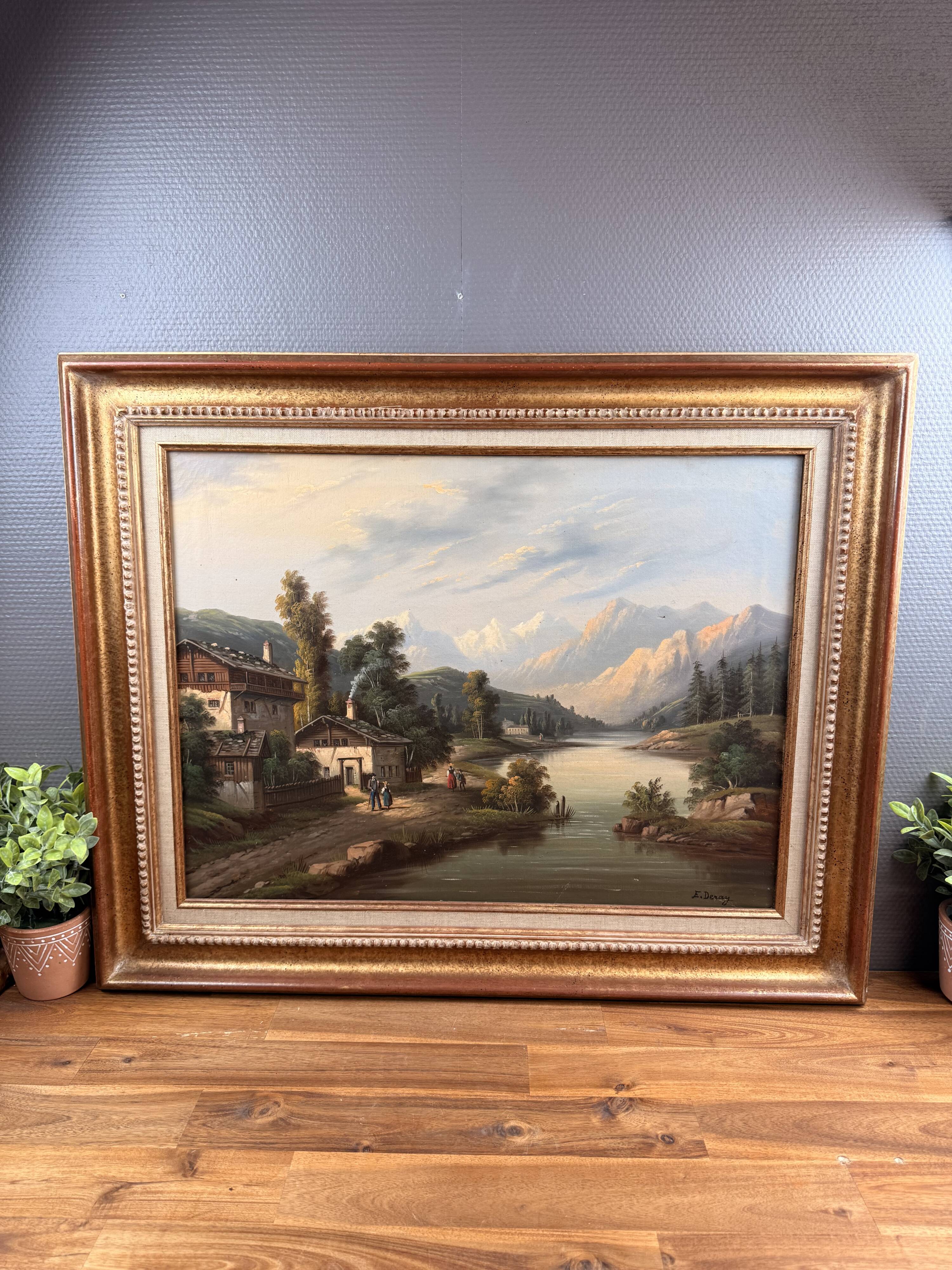Oil on canvas mountain landscape signed E. Deray – antique gilded frame