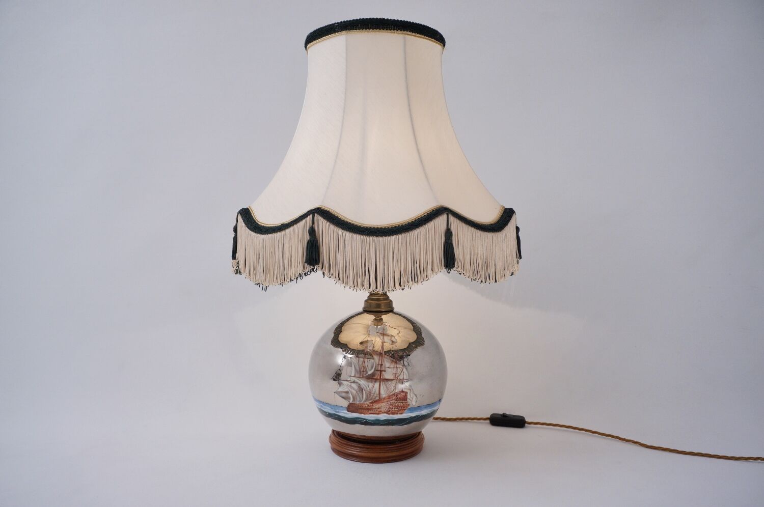 Lampe de table antique en verre mercure, galion et navire, soufflé à la main, années 1920, anglais, recâblé