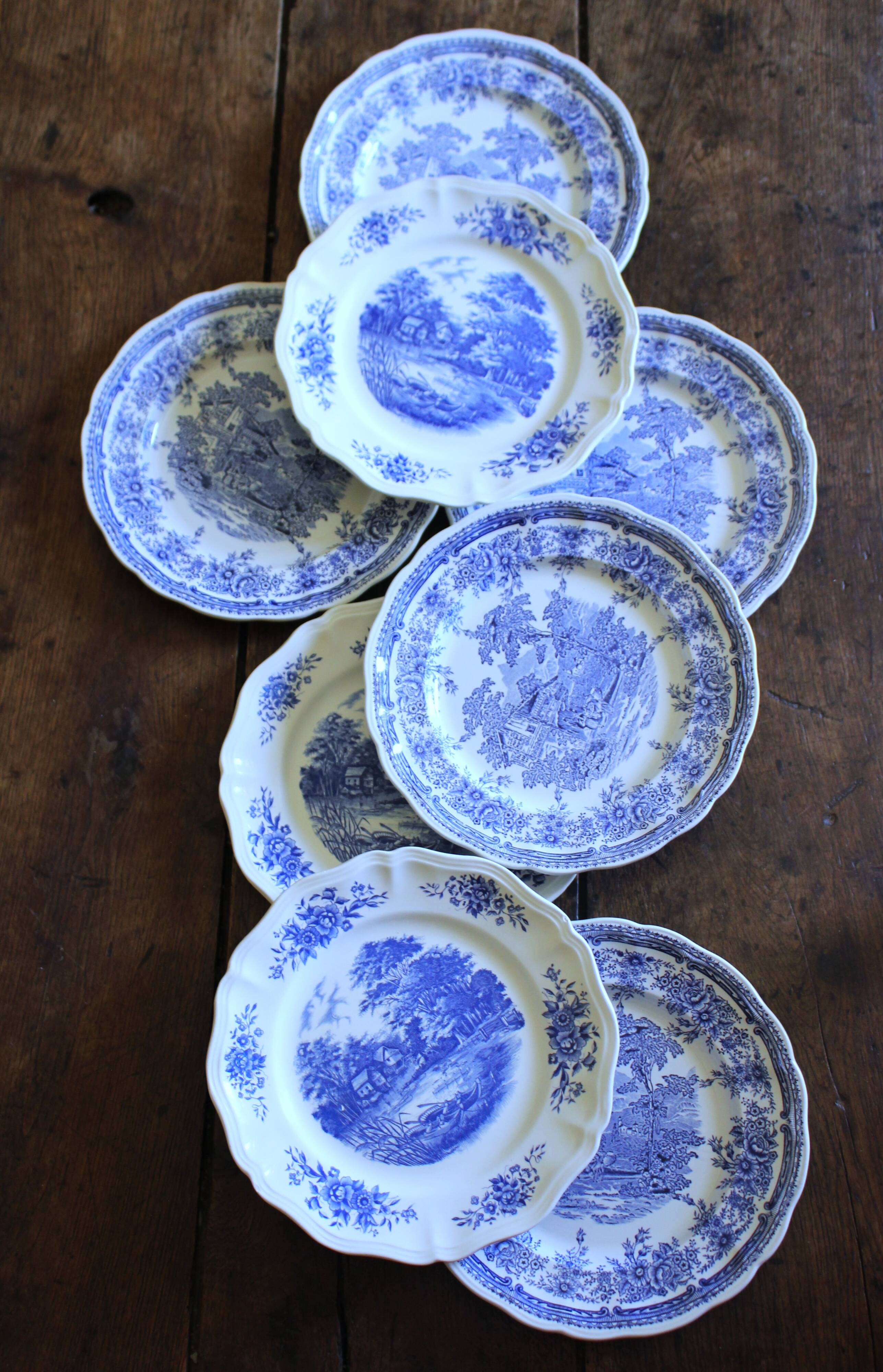 8 romantic blue Lunéville Sarreguemines dinner plates