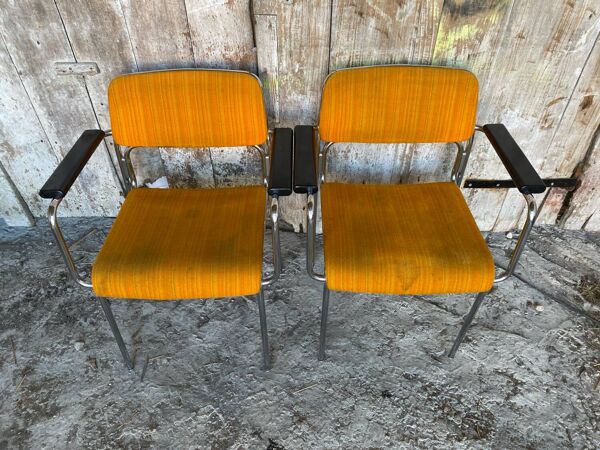 Paire Fauteuil Ancien Métal Chromé + Tissu Orange + Bois 1970 Vintage