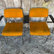 Pair of Vintage 1970s Chrome Metal Armchairs with Orange Fabric and Wood