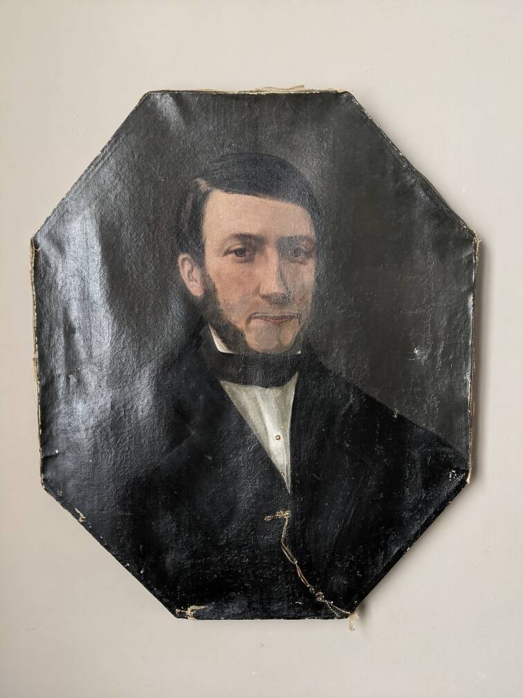 Old oil painting on octagonal canvas portrait countryside decoration