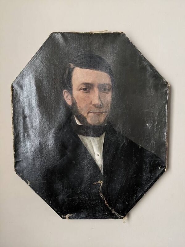 Tableau ancien huile sur toile octogonale portrait décoration campagne