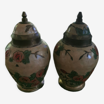 2 small covered pots in cloisonné email
