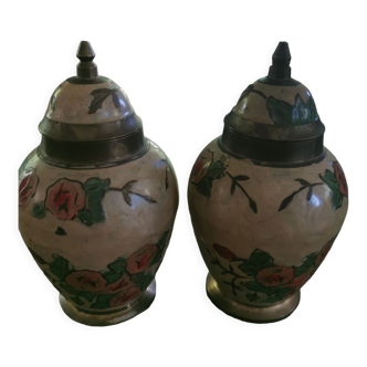 2 small covered pots in cloisonné email