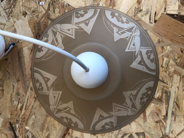 Ancienne paire suspension vianne verre moulé + décor + fil blanc vintage