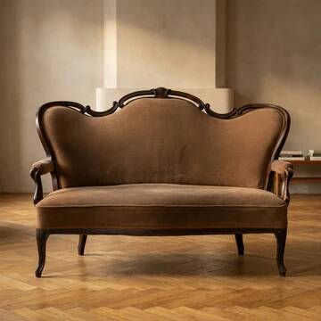 Sofa en bois vintage orné avec cadre décoratif sculpté et tapisserie marron, 175 × 114 × 80 cm