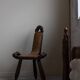 Carved wooden tripod chair with leather seat, Wabi Sabi, early 20th century.