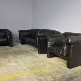 Moroso sofa set and armchairs in black leather, 1984