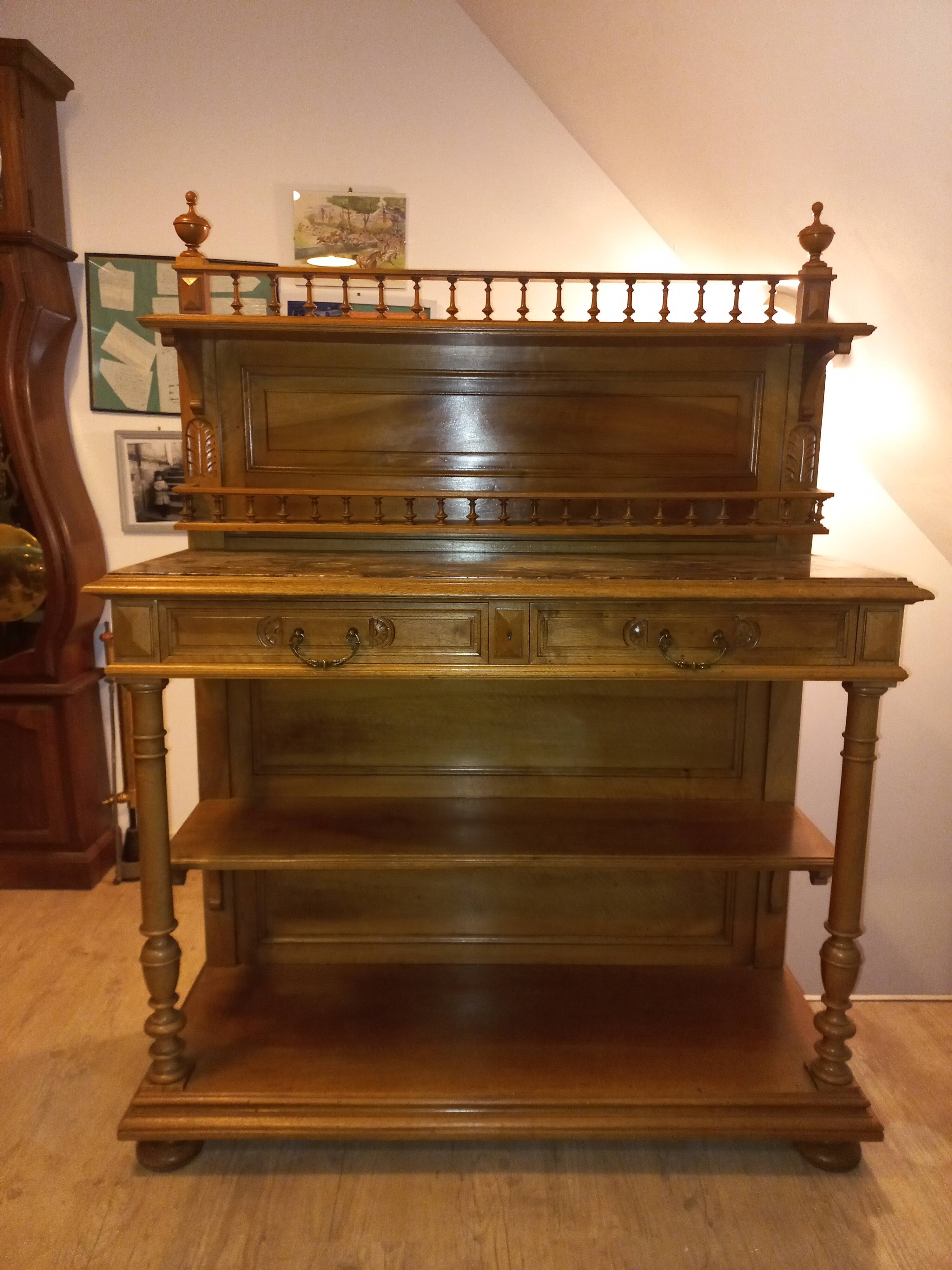 Antique cherry wood sideboard with marble top, 2 front drawers, 1 shelf.