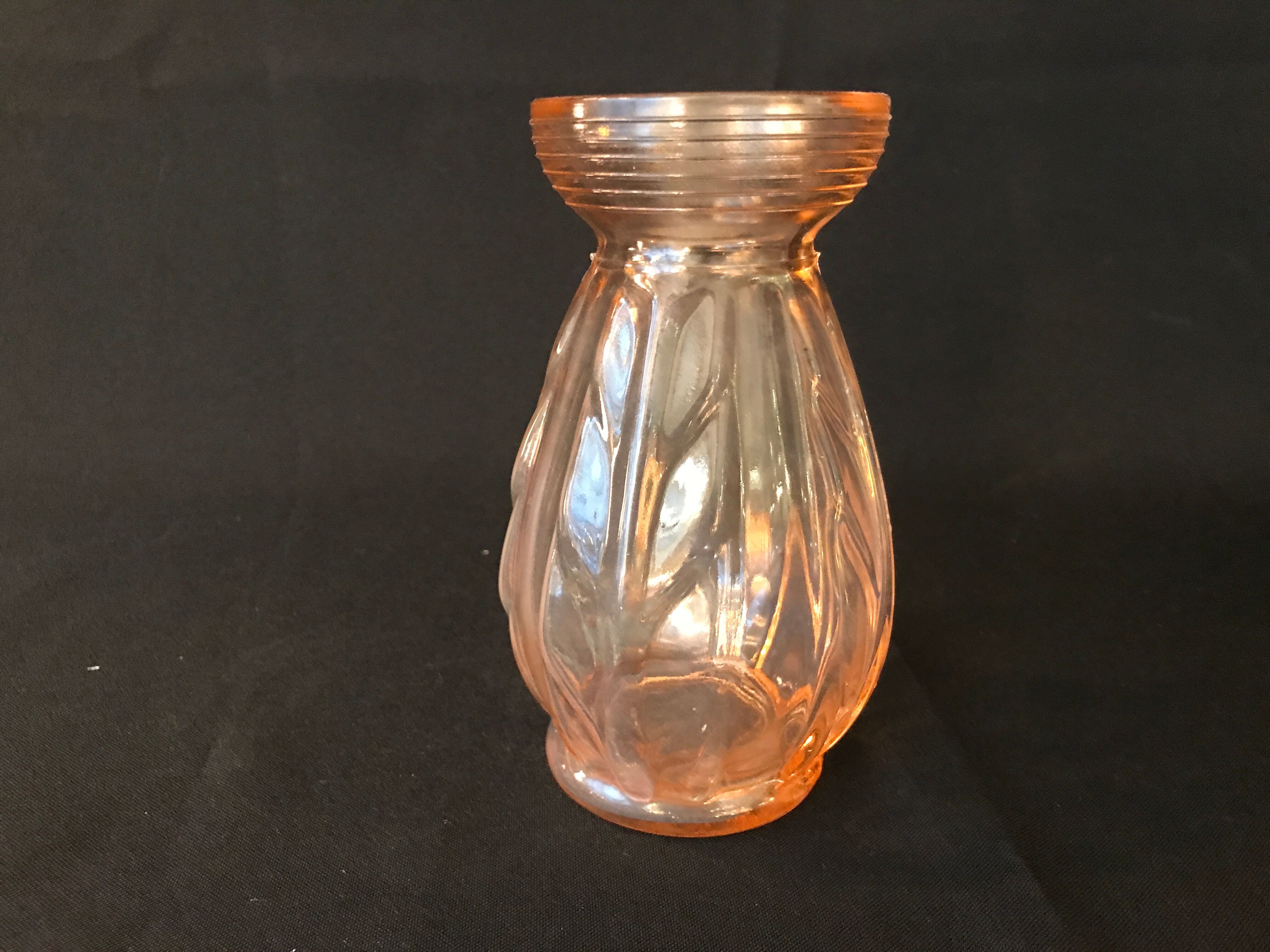 Antique art deco hyacinth vase in pink molded glass leaf pattern