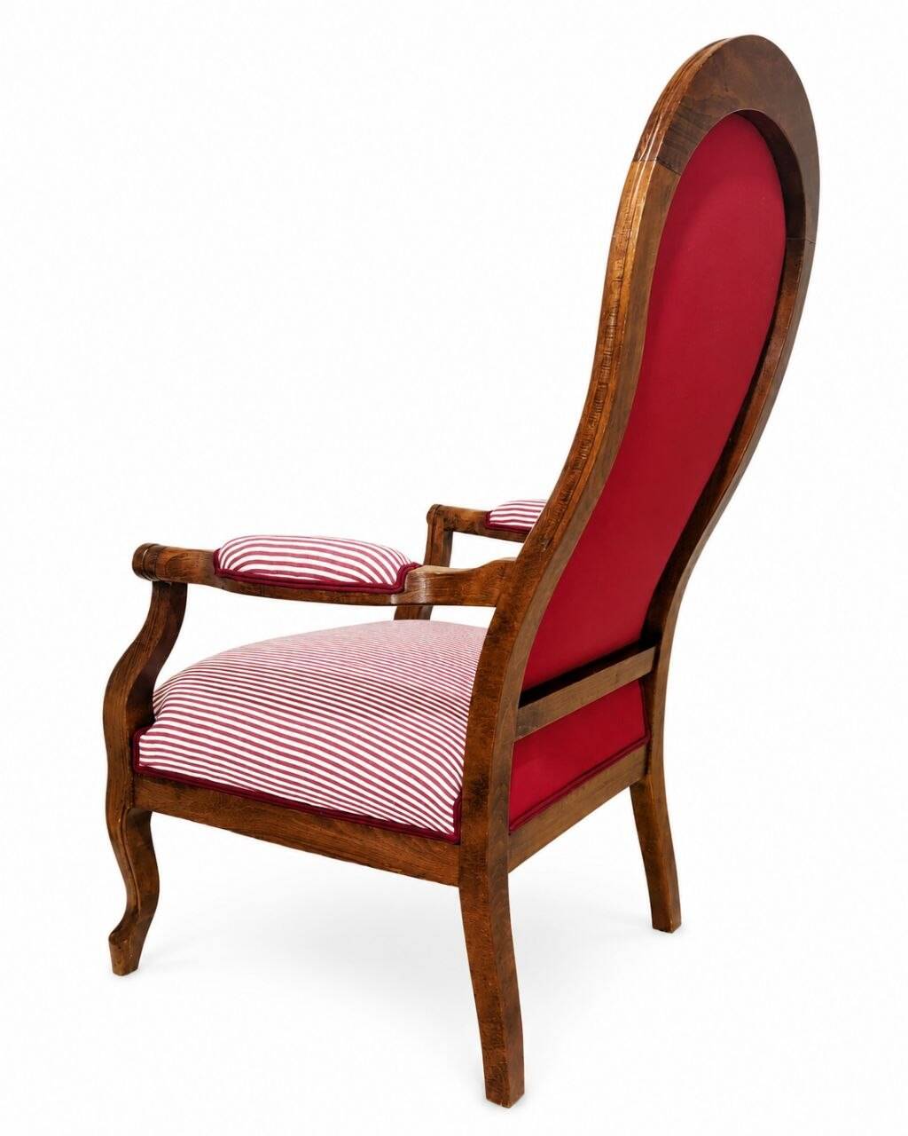 Restored Voltaire armchair – traditional upholstery, striped red Casal fabric.