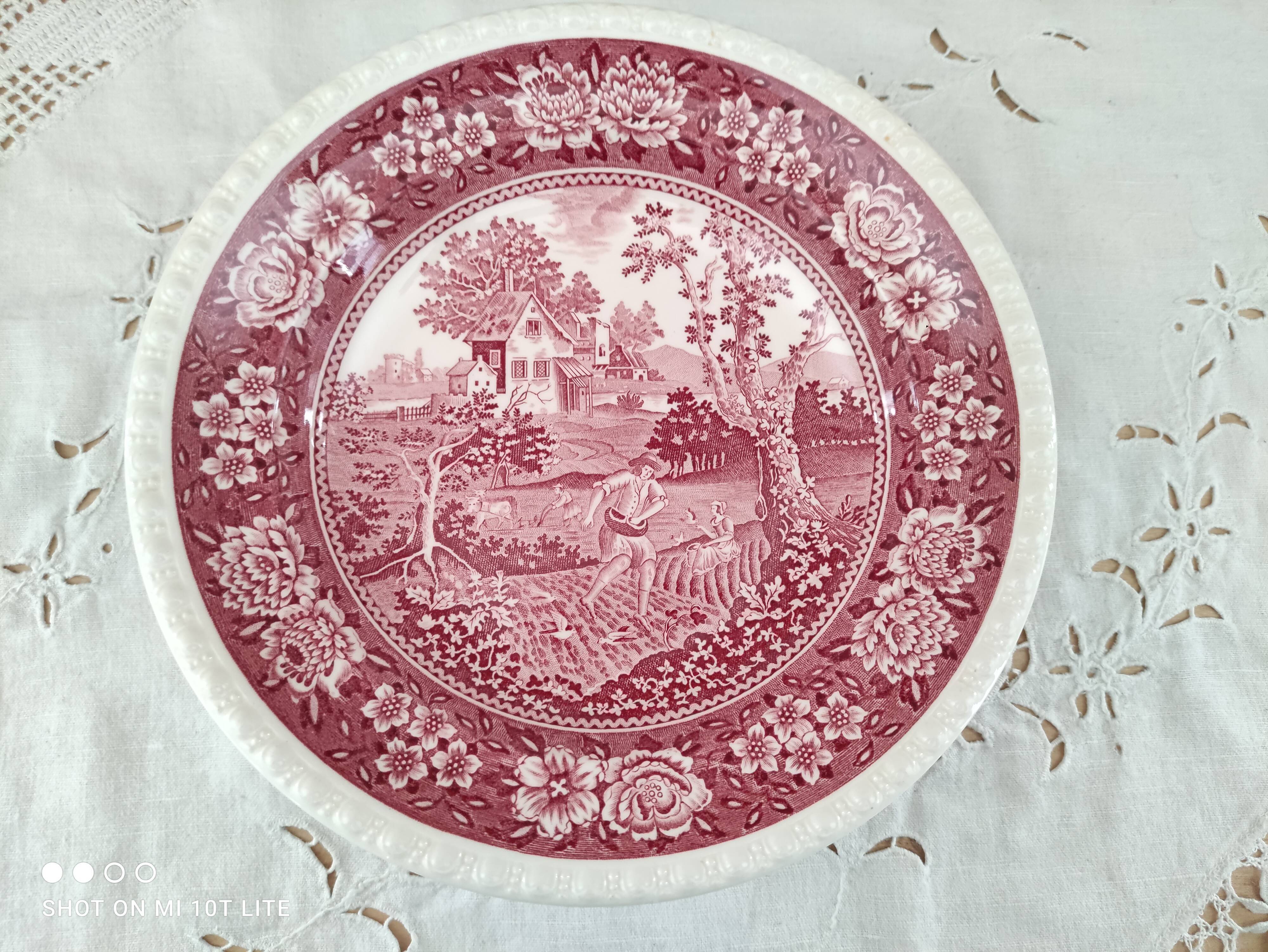 Set of 6 hollow plates in opaque porcelain Villeroy & Boch model Rusticana red English décor