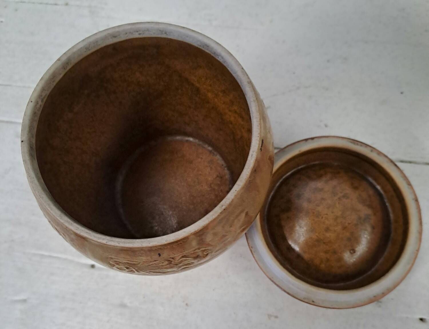 Enamelled stoneware pot signed Denbac