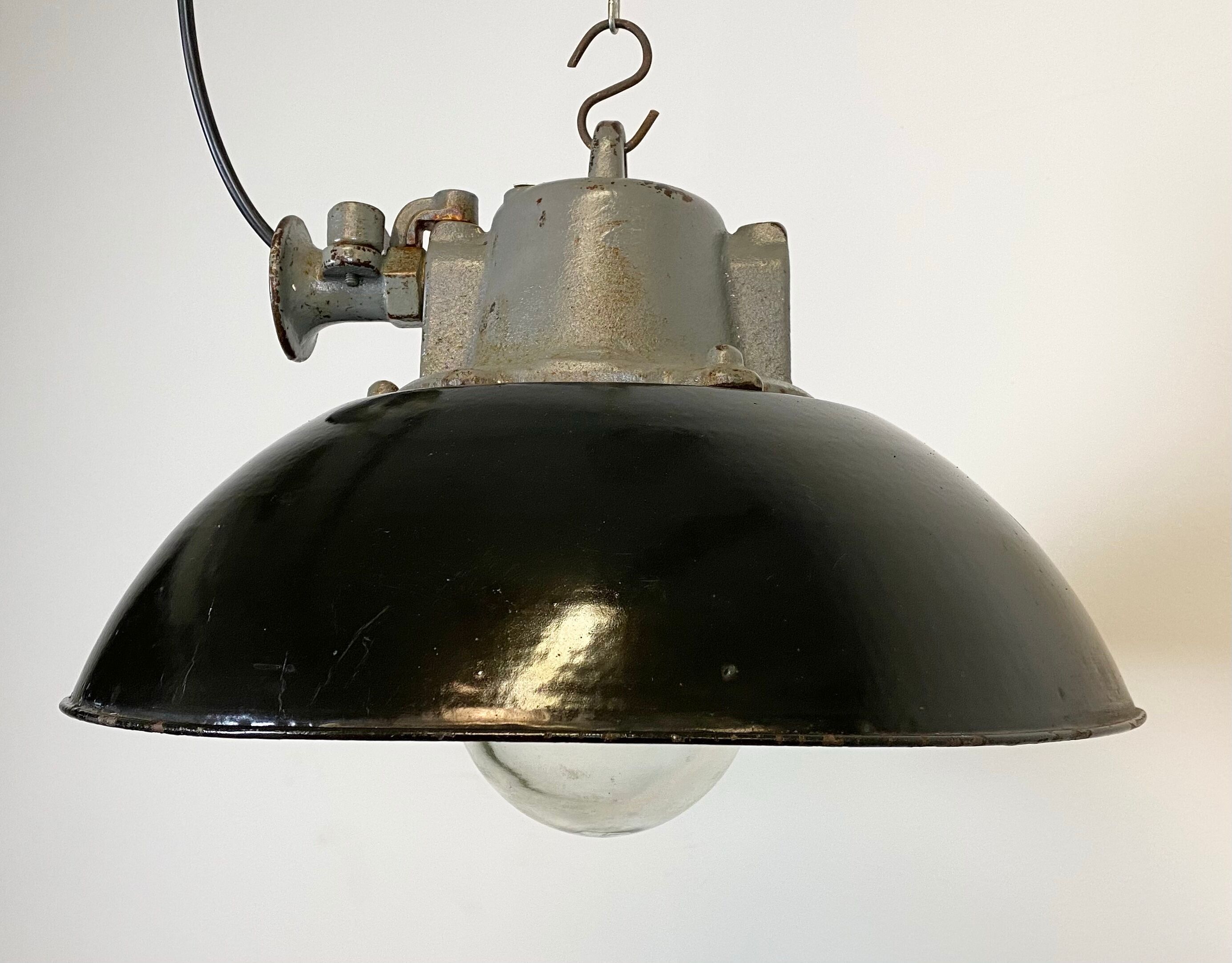 Black Enamel and Cast Iron Industrial Pendant Light, 1960s