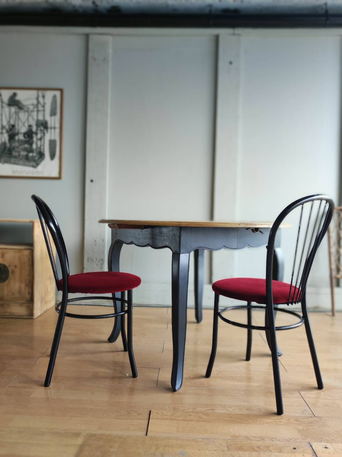 4 black metal bistro chairs with garnet red velvet