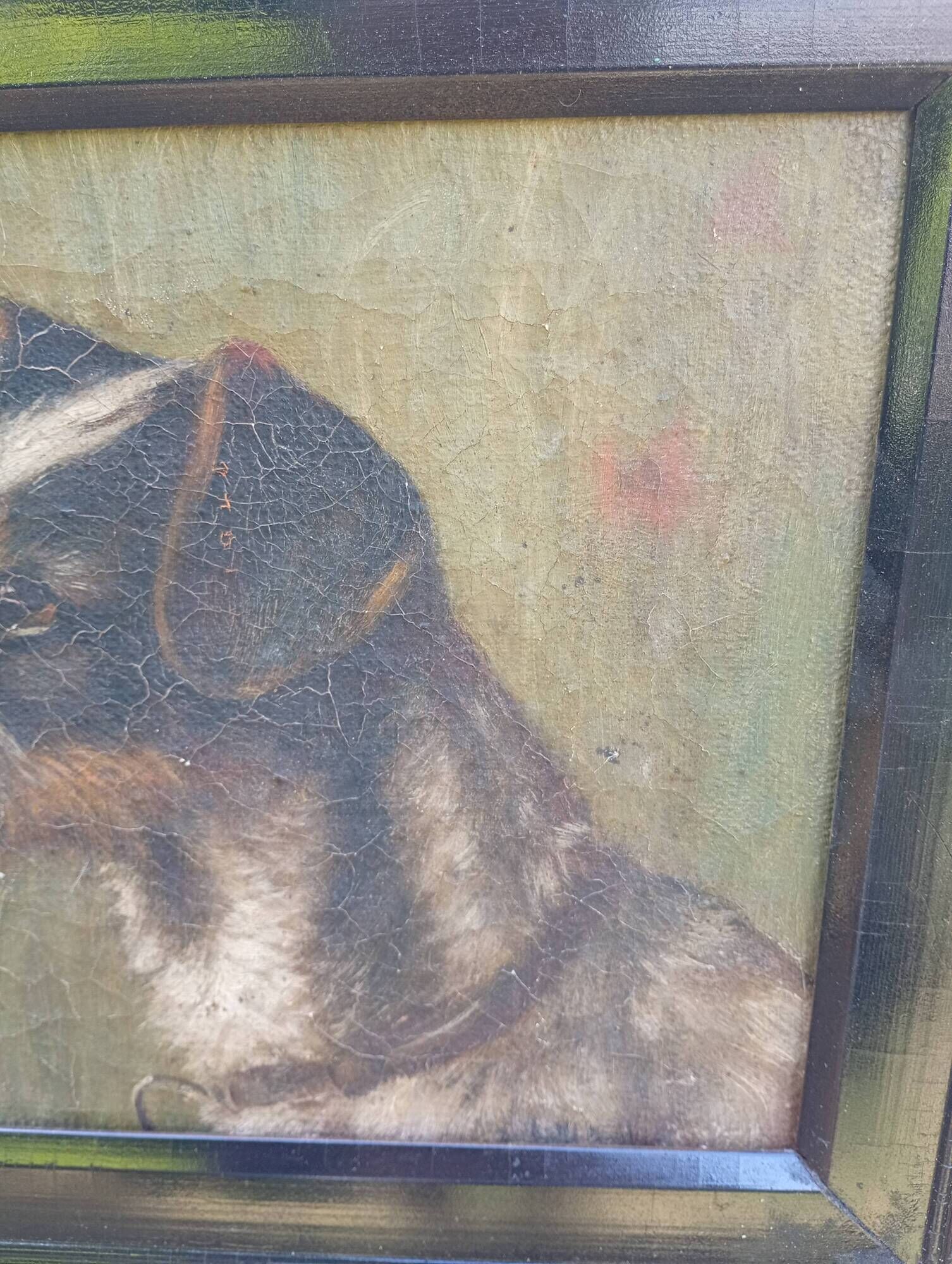 Ancient oil on canvas portrait of a Fox Terrier dog signed – Painting an