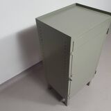Gray metal locker. Industrial small sideboard.