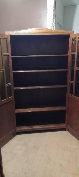 Parisian glass-fronted cabinet, Art Deco vintage bookshelf, solid oak furniture.