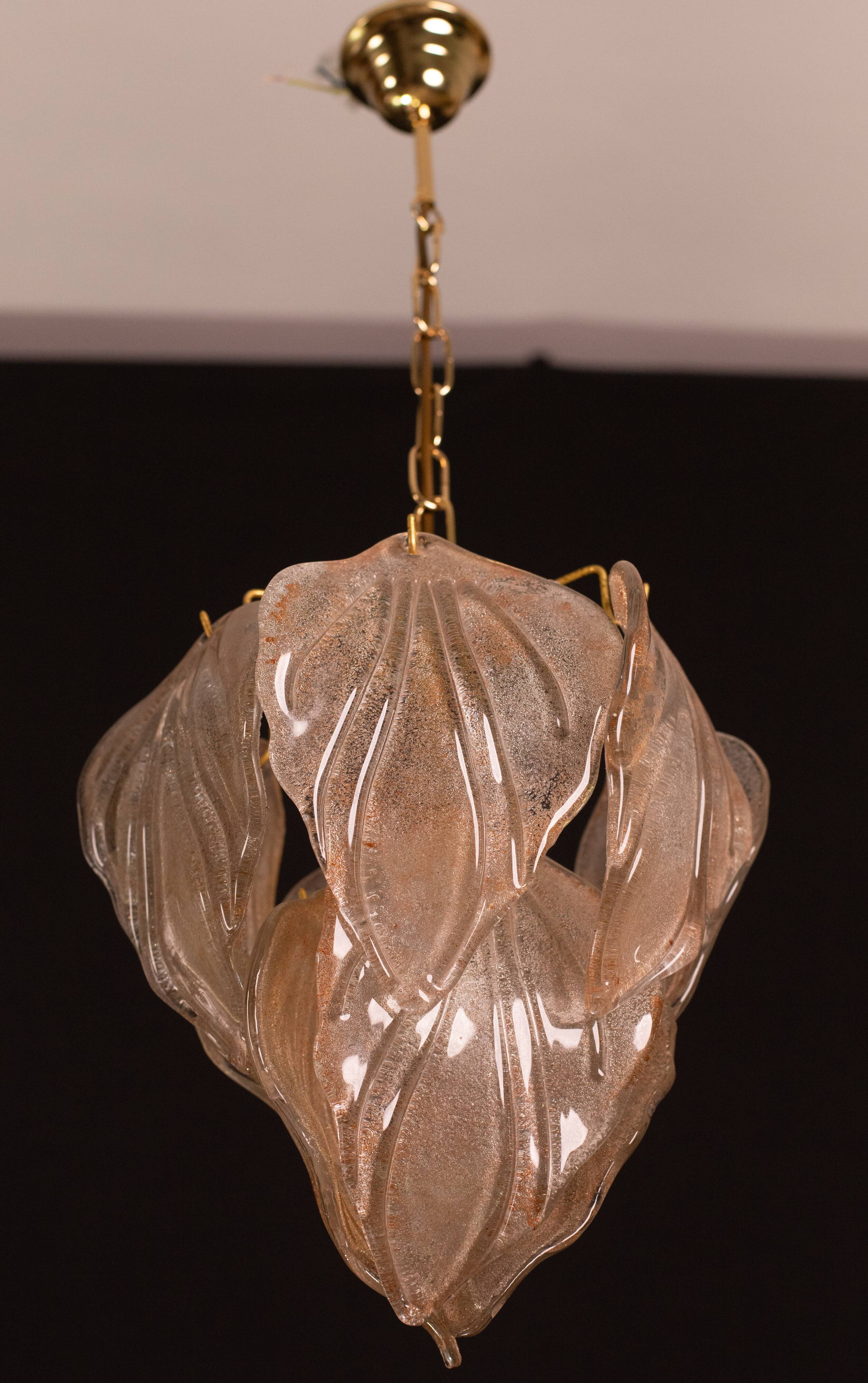 Gorgeous vintage Murano chandelier with leaves of orange and pink highlights