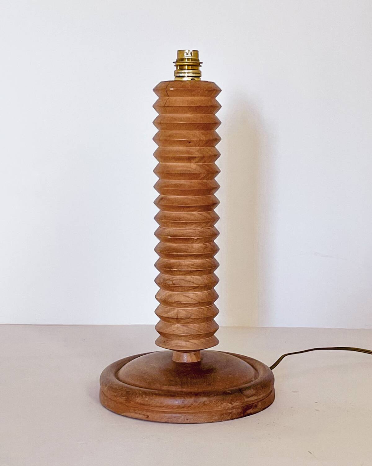 Turned wood lamp and jute lampshade