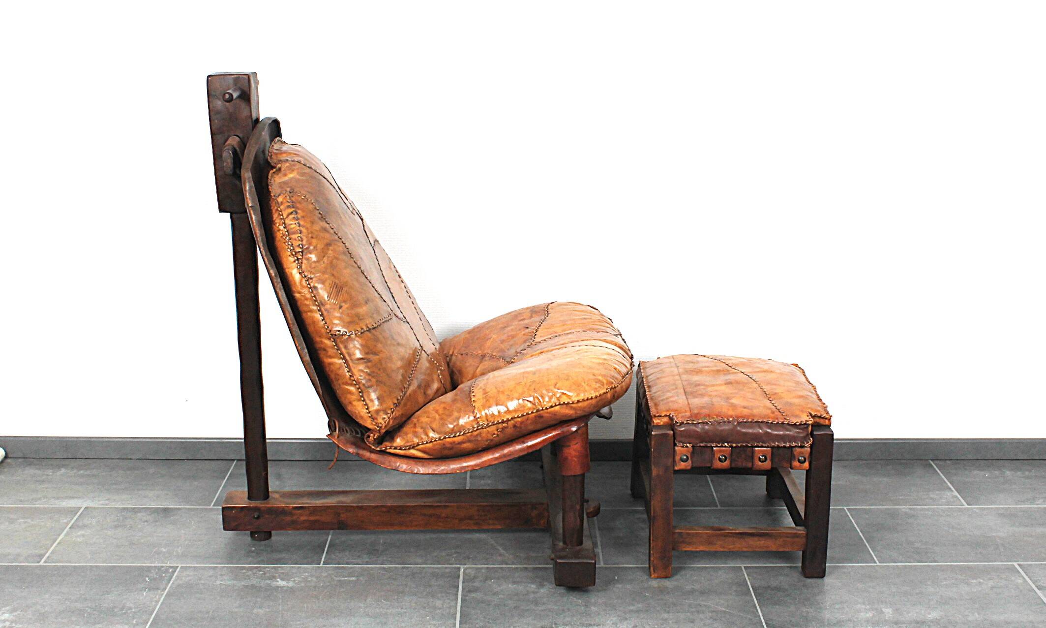 Brutalist oak lounge chair and ottoman, 1970s, set of 2