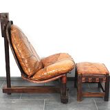Brutalist oak lounge chair and ottoman, 1970s, set of 2