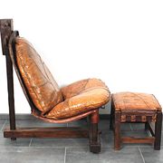 Brutalist oak lounge chair and ottoman, 1970s, set of 2