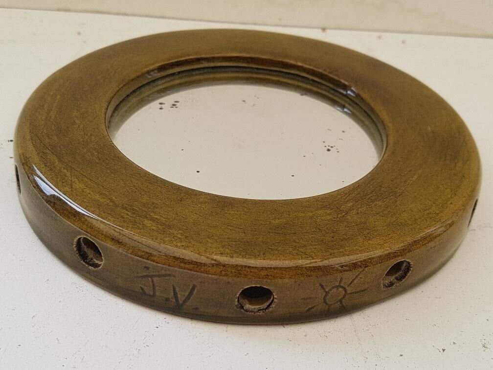 Small round mirror "J.V." 50s signed ceramic 17cm