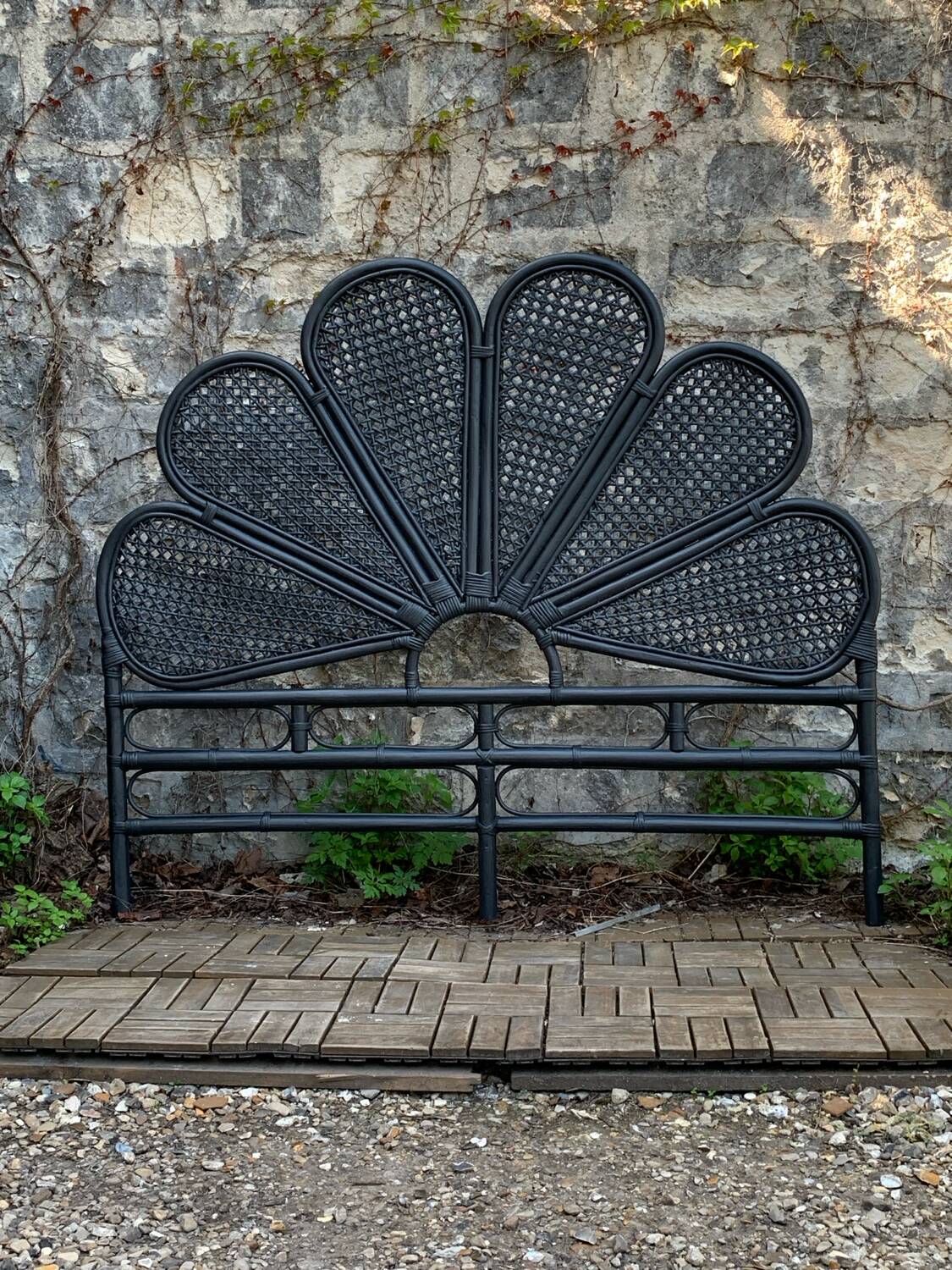 Vintage black rattan headboard 142cm