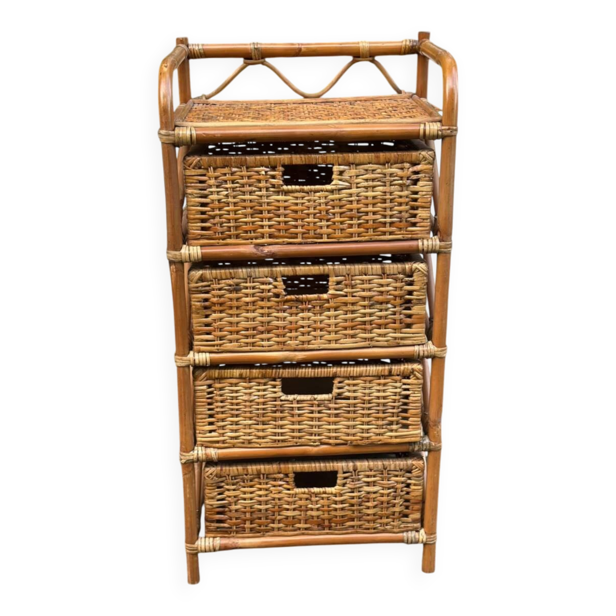 Vintage 1970s rattan and wicker chest of drawers with 4 drawers.