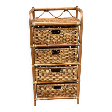 Vintage 1970s rattan and wicker chest of drawers with 4 drawers.