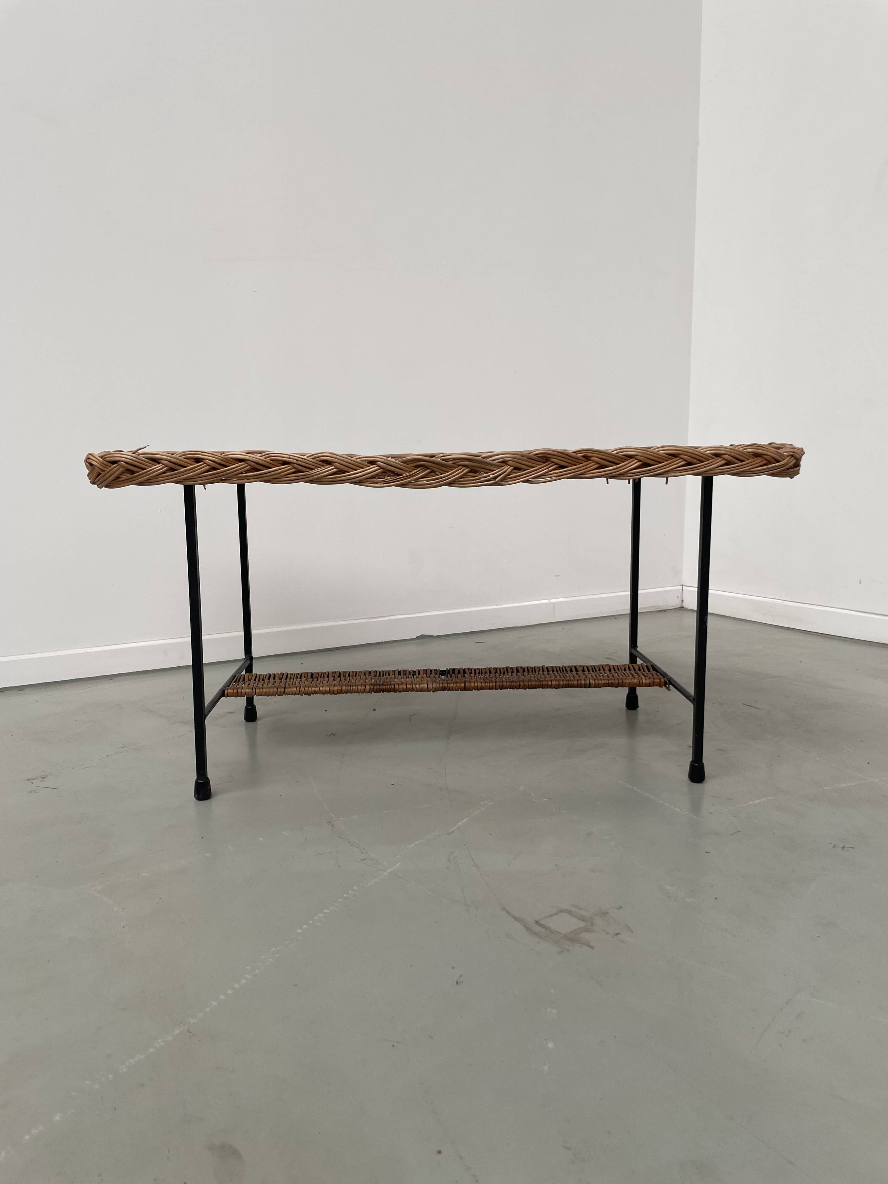 Woven wicker and metal coffee table 1960