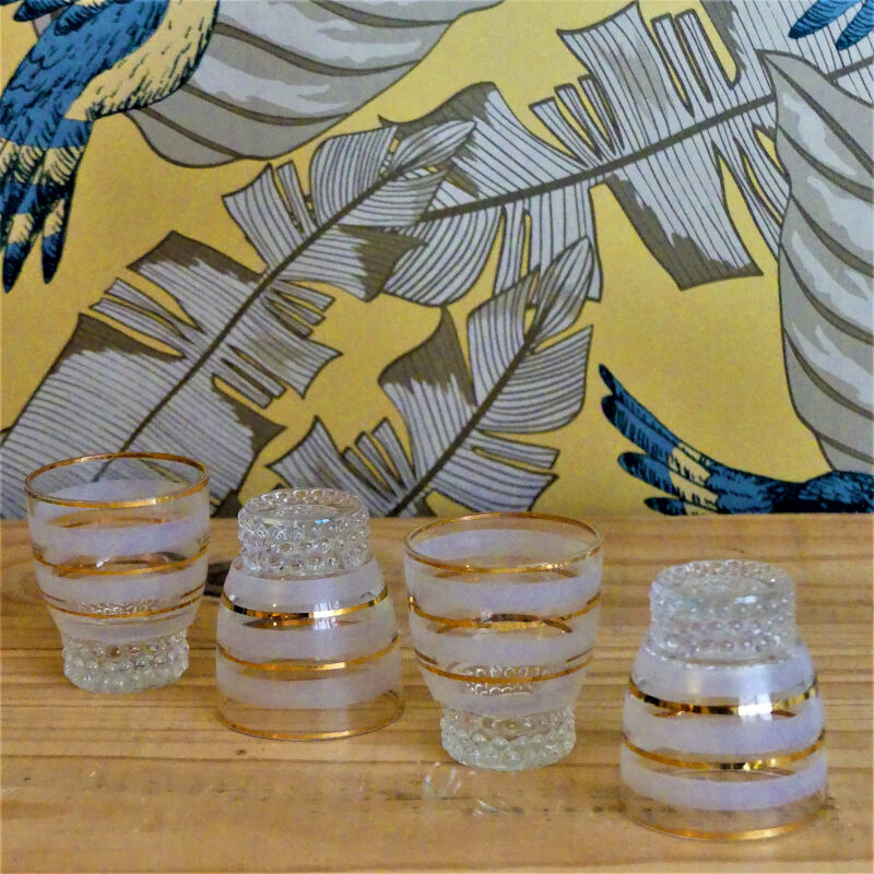 Digestive service in sandblasted glass - carafe and old glasses 50s