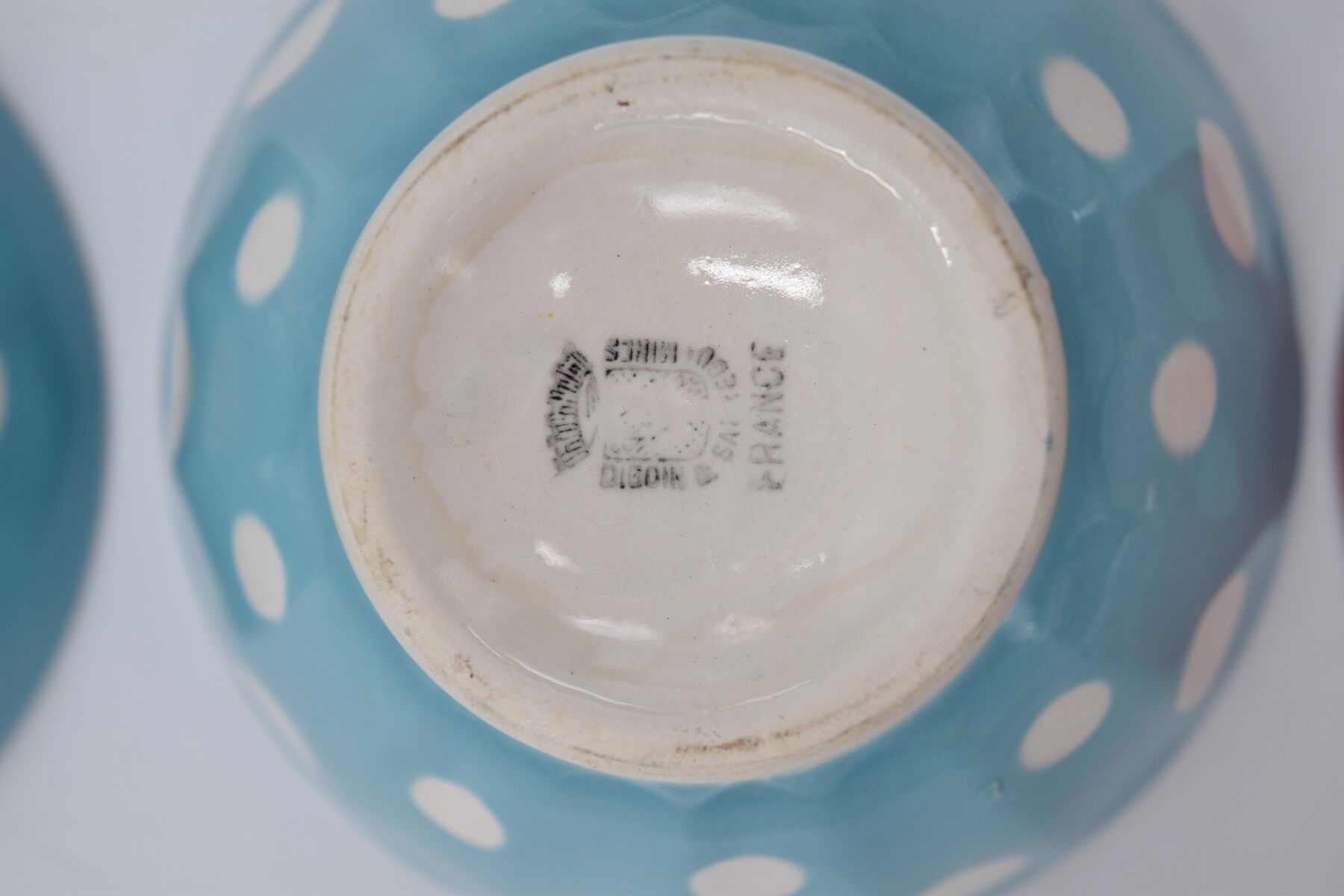 3 small vintage bowls digoin sarreguemines with polka dots pastel colors pink blue