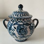 Fajalauza earthenware sugar bowl with handles, Granada, Spain, circa 1970