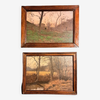 2 tableaux impressionnistes - paysages d'automne et d'hiver - signés Théodore LESPINASSE (1848-1918)
