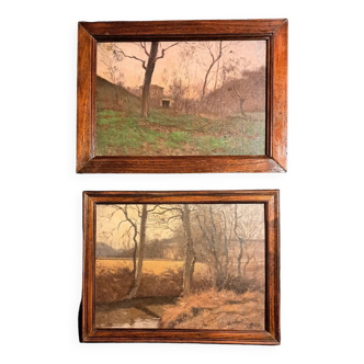 2 tableaux impressionnistes - paysages d'automne et d'hiver - signés Théodore LESPINASSE (1848-1918)