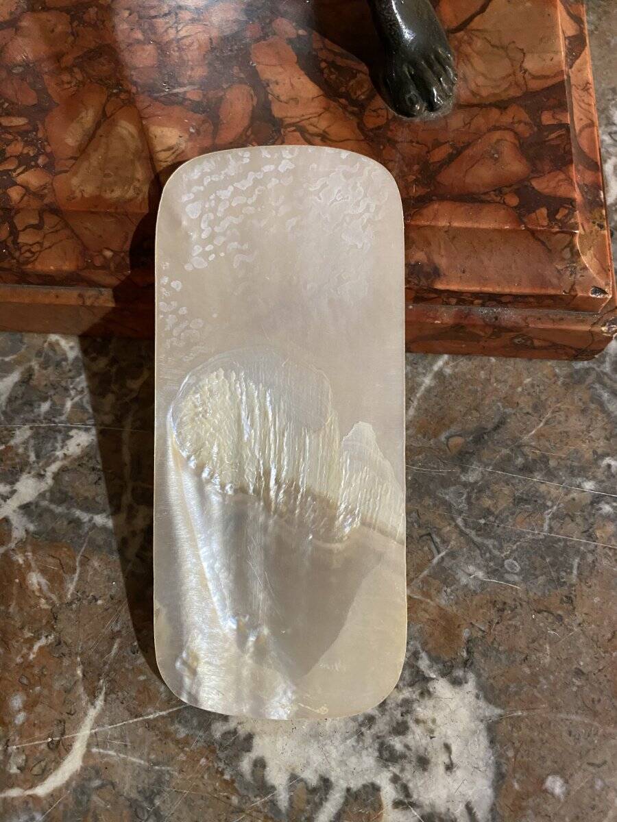 Mother-of-pearl carved plaque, two young girls bathing