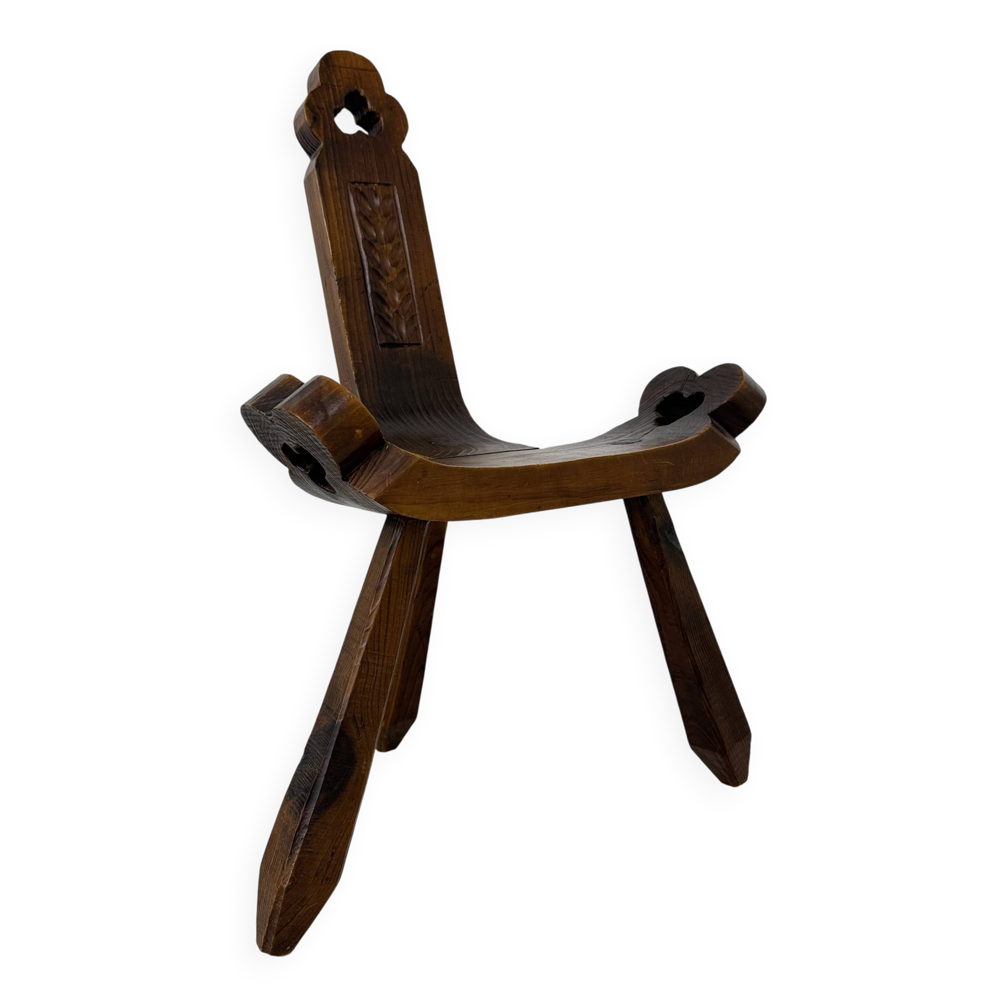 Brutalist hand carved oak Spanish tripod chair , 1970s