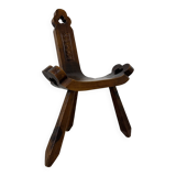 Brutalist hand carved oak Spanish tripod chair , 1970s