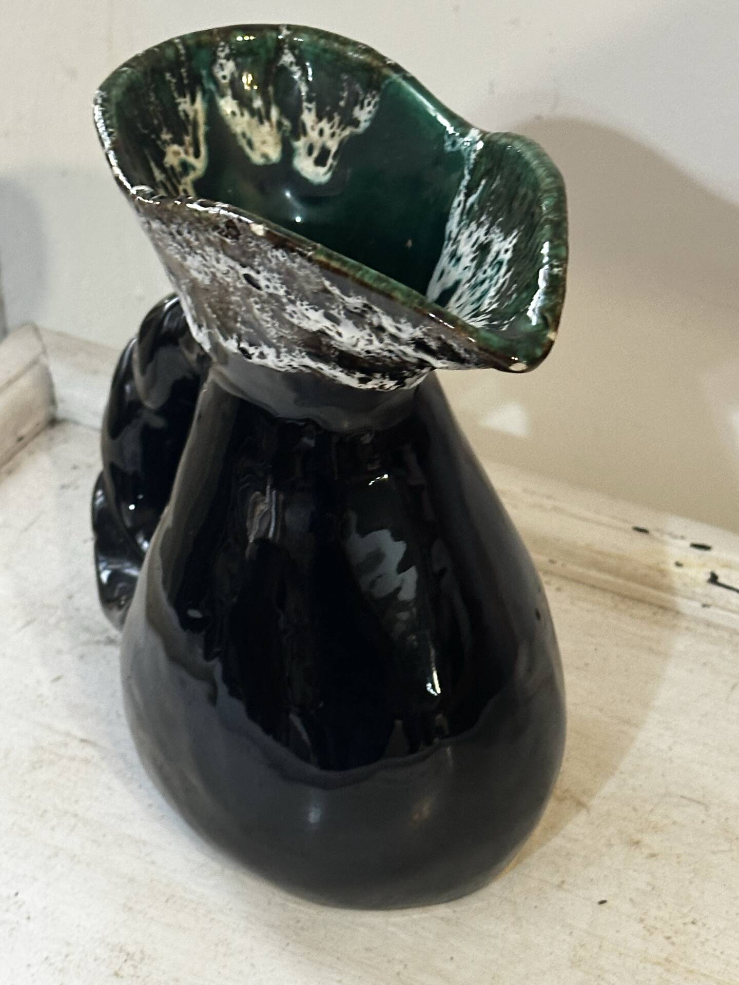 Sculptural pitcher Vallauris in glazed ceramic green and brown, France